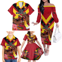Custom Papua New Guinea Rugby Family Matching Off The Shoulder Long Sleeve Dress and Hawaiian Shirt Bird of Paradise and Hibiscus Polynesian Pattern Red Color LT03 - Polynesian Pride
