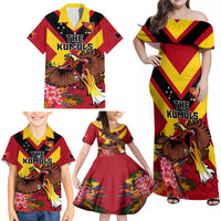 Custom Papua New Guinea Rugby Family Matching Off Shoulder Maxi Dress and Hawaiian Shirt Bird of Paradise and Hibiscus Polynesian Pattern Red Color LT03 - Polynesian Pride