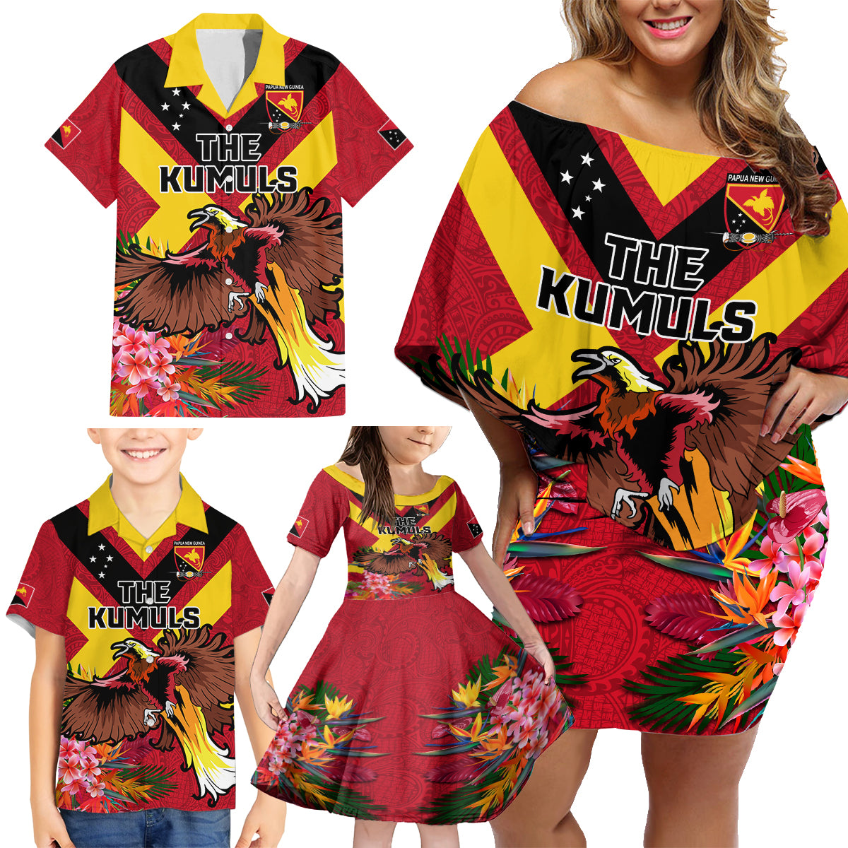 Custom Papua New Guinea Rugby Family Matching Off Shoulder Short Dress and Hawaiian Shirt Bird of Paradise and Hibiscus Polynesian Pattern Red Color LT03 - Polynesian Pride