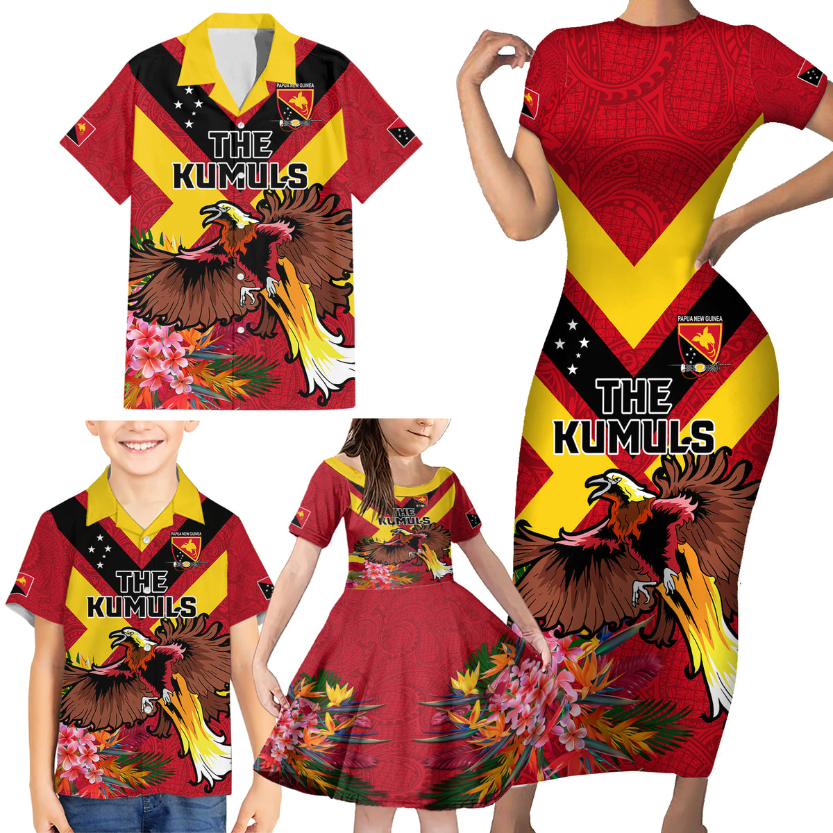 Custom Papua New Guinea Rugby Family Matching Short Sleeve Bodycon Dress and Hawaiian Shirt Bird of Paradise and Hibiscus Polynesian Pattern Red Color LT03 - Polynesian Pride