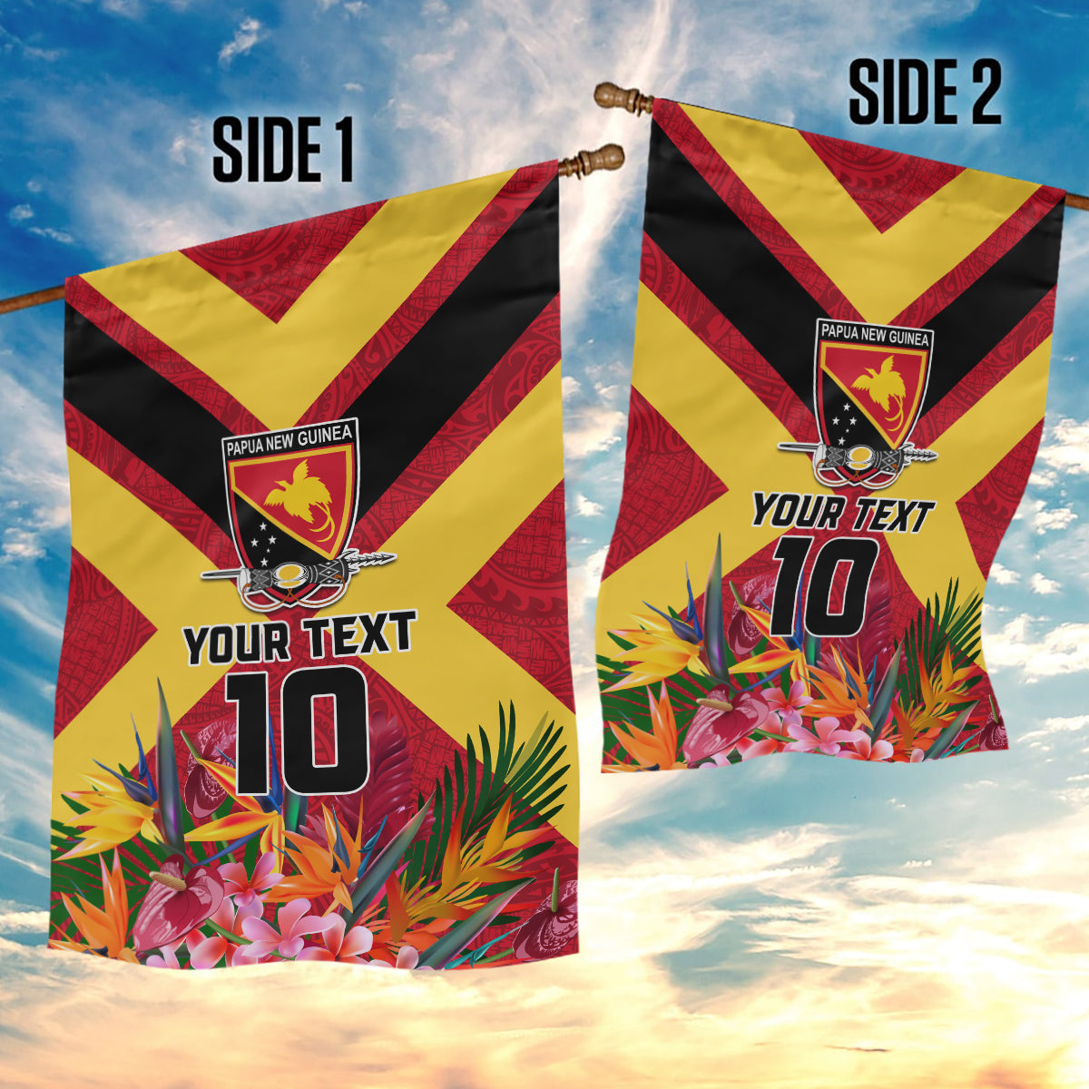 Custom Papua New Guinea Rugby Garden Flag Bird of Paradise and Hibiscus Polynesian Pattern Red Color LT03 - Polynesian Pride