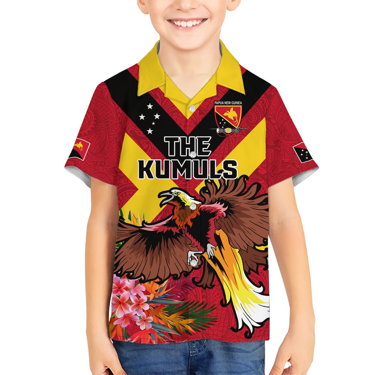 Custom Papua New Guinea Rugby Hawaiian Shirt Bird of Paradise and Hibiscus Polynesian Pattern Red Color LT03 - Polynesian Pride
