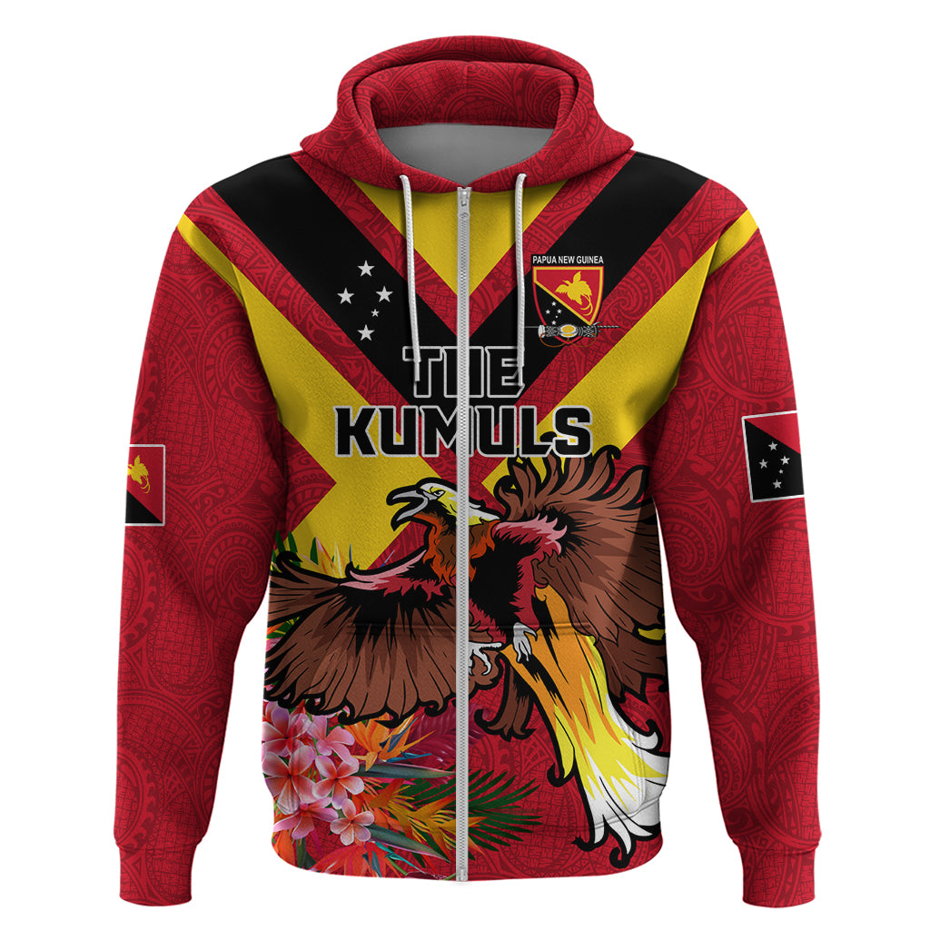 Custom Papua New Guinea Rugby Hoodie Bird of Paradise and Hibiscus Polynesian Pattern Red Color LT03 Zip Hoodie Red - Polynesian Pride