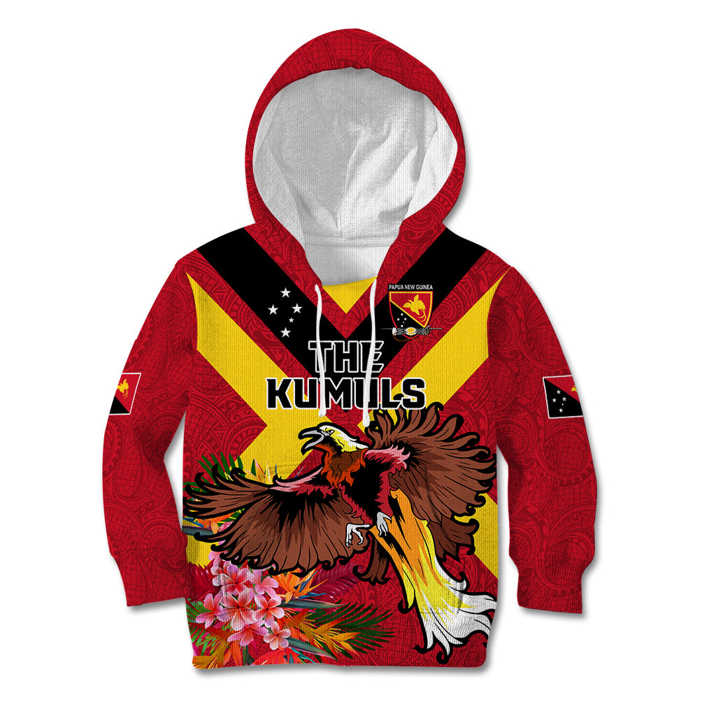 Custom Papua New Guinea Rugby Kid Hoodie Bird of Paradise and Hibiscus Polynesian Pattern Red Color LT03 Hoodie Red - Polynesian Pride