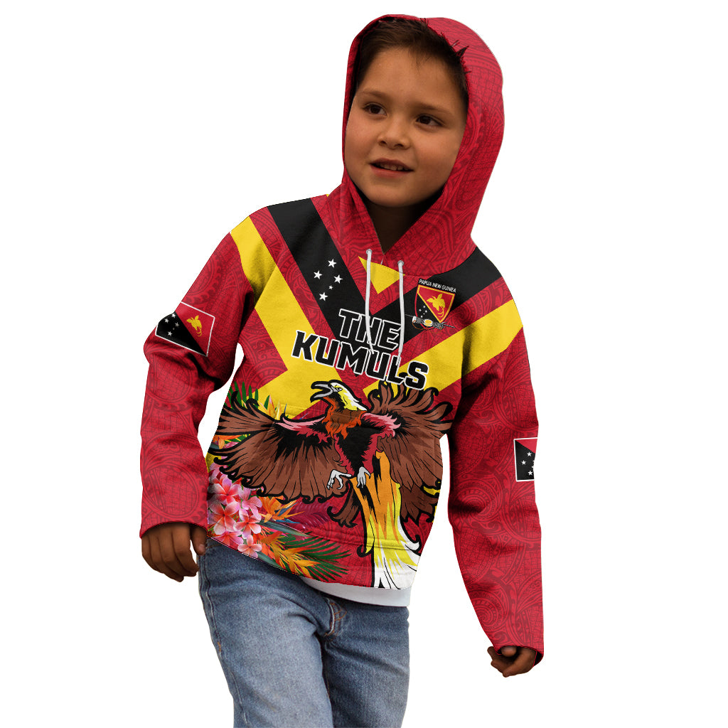 Custom Papua New Guinea Rugby Kid Hoodie Bird of Paradise and Hibiscus Polynesian Pattern Red Color LT03 - Polynesian Pride