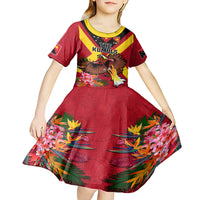 Custom Papua New Guinea Rugby Kid Short Sleeve Dress Bird of Paradise and Hibiscus Polynesian Pattern Red Color LT03 - Polynesian Pride