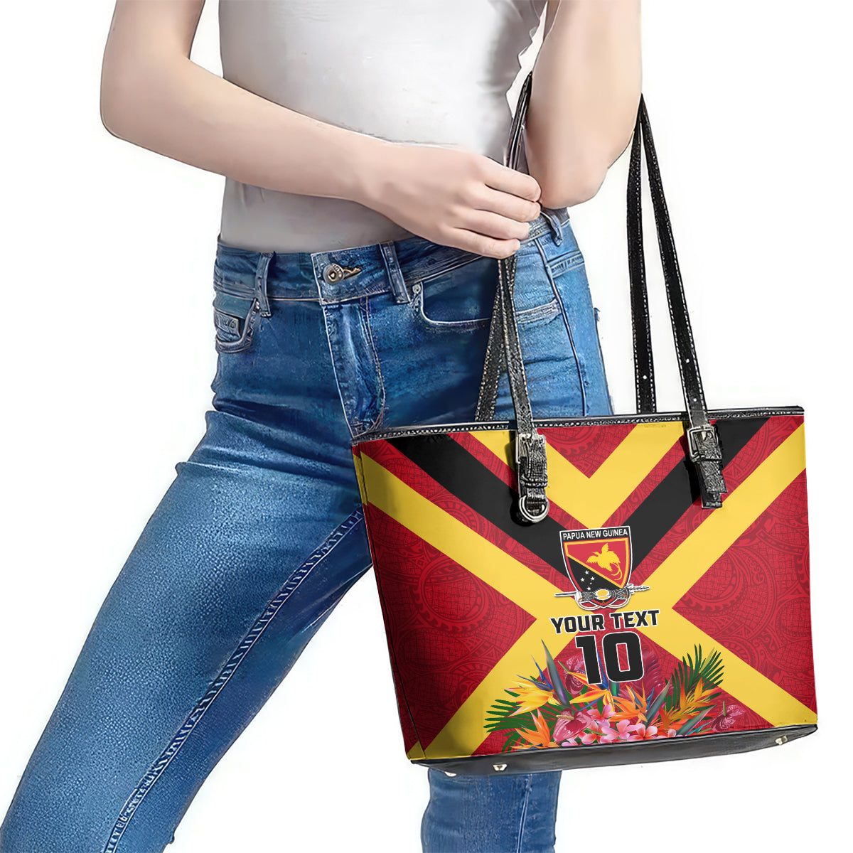 Custom Papua New Guinea Rugby Leather Tote Bag Bird of Paradise and Hibiscus Polynesian Pattern Red Color LT03 - Polynesian Pride