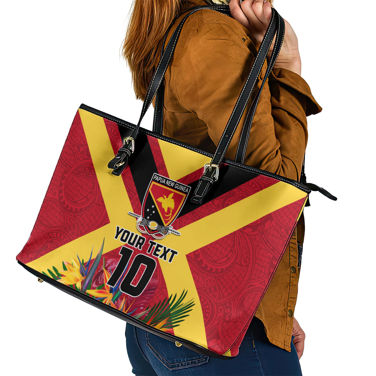 Custom Papua New Guinea Rugby Leather Tote Bag Bird of Paradise and Hibiscus Polynesian Pattern Red Color LT03 - Polynesian Pride