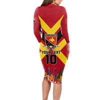 Custom Papua New Guinea Rugby Long Sleeve Bodycon Dress Bird of Paradise and Hibiscus Polynesian Pattern Red Color LT03 - Polynesian Pride