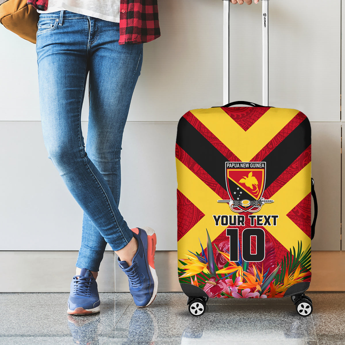 Custom Papua New Guinea Rugby Luggage Cover Bird of Paradise and Hibiscus Polynesian Pattern Red Color LT03 - Polynesian Pride