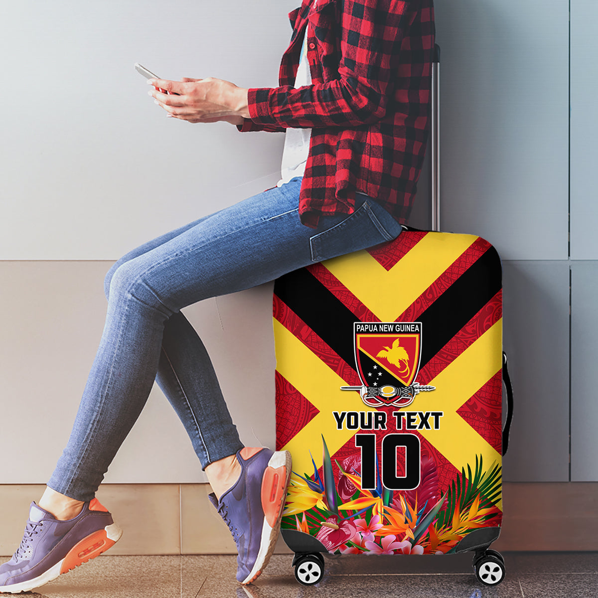 Custom Papua New Guinea Rugby Luggage Cover Bird of Paradise and Hibiscus Polynesian Pattern Red Color LT03 - Polynesian Pride