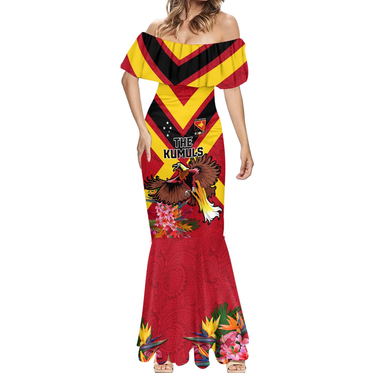 Custom Papua New Guinea Rugby Mermaid Dress Bird of Paradise and Hibiscus Polynesian Pattern Red Color LT03 - Polynesian Pride