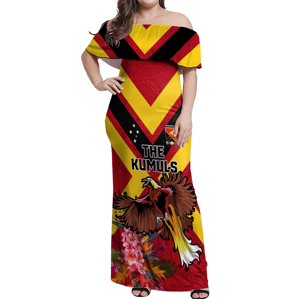 Custom Papua New Guinea Rugby Off Shoulder Maxi Dress Bird of Paradise and Hibiscus Polynesian Pattern Red Color LT03 Women Red - Polynesian Pride