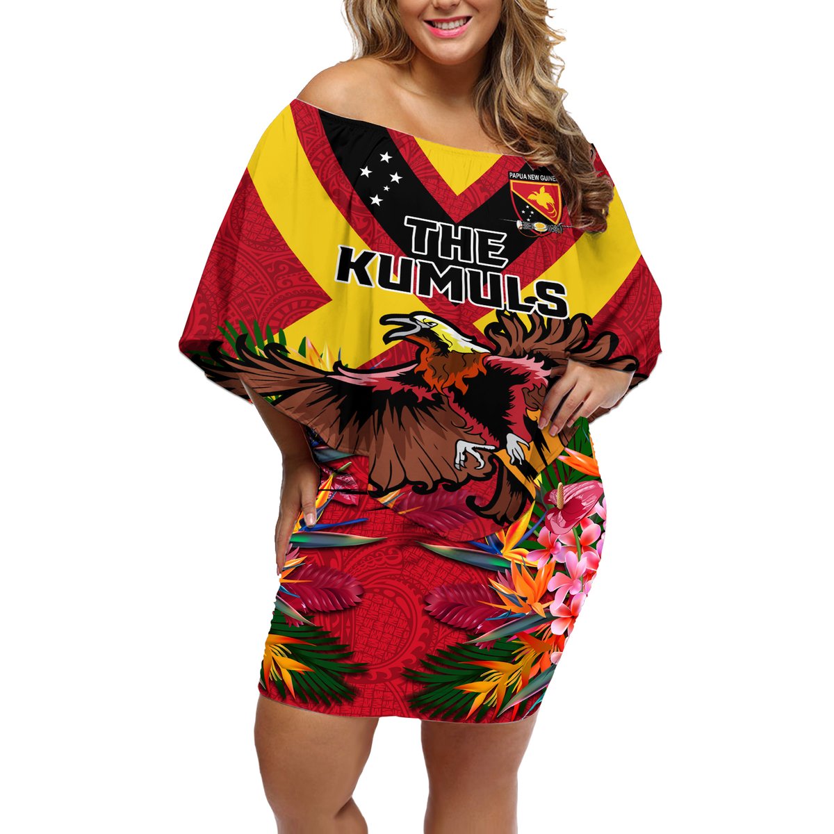 Custom Papua New Guinea Rugby Off Shoulder Short Dress Bird of Paradise and Hibiscus Polynesian Pattern Red Color LT03 Women Red - Polynesian Pride