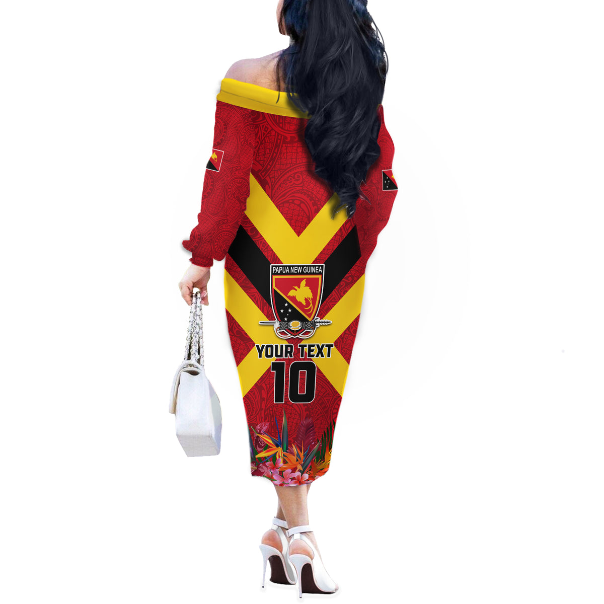Custom Papua New Guinea Rugby Off The Shoulder Long Sleeve Dress Bird of Paradise and Hibiscus Polynesian Pattern Red Color LT03 - Polynesian Pride