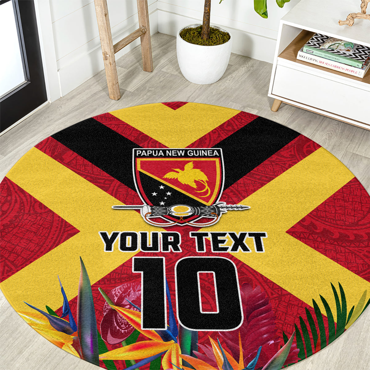 Custom Papua New Guinea Rugby Round Carpet Bird of Paradise and Hibiscus Polynesian Pattern Red Color LT03 Red - Polynesian Pride