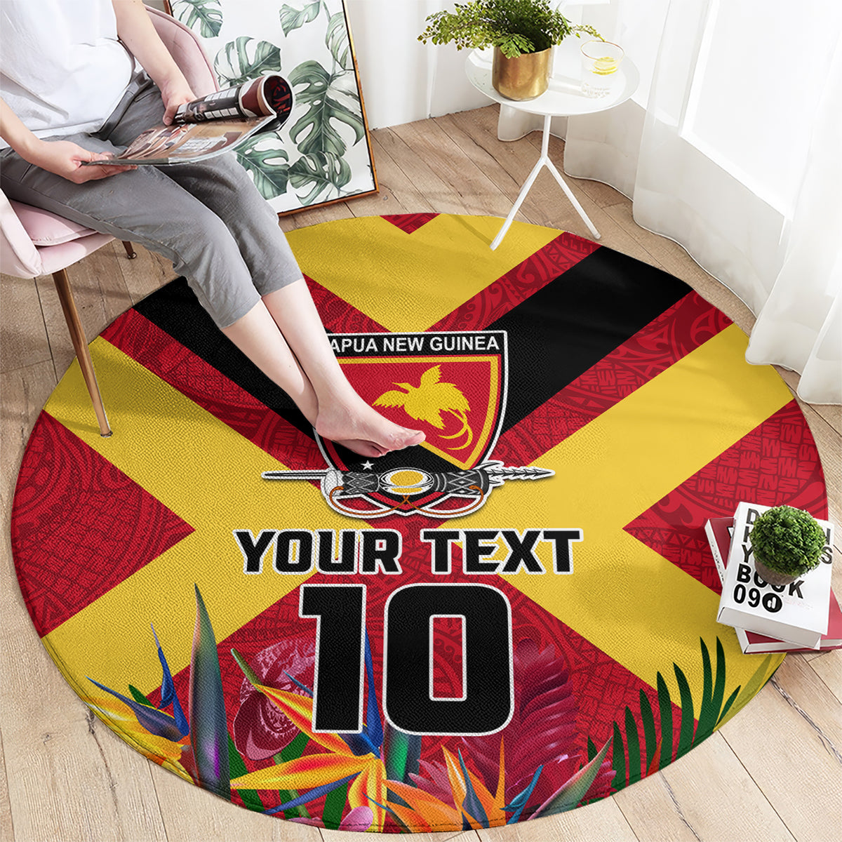 Custom Papua New Guinea Rugby Round Carpet Bird of Paradise and Hibiscus Polynesian Pattern Red Color LT03 - Polynesian Pride