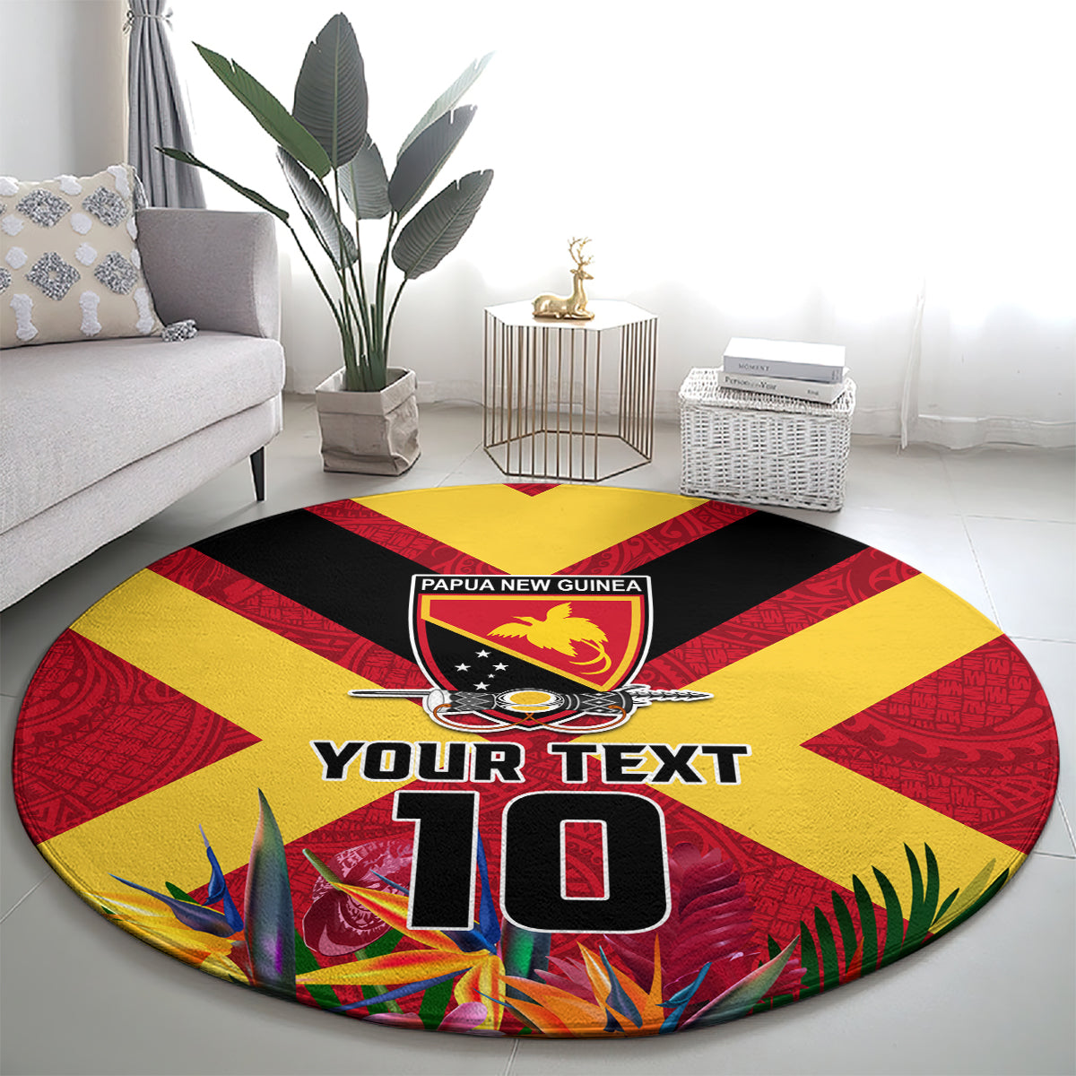 Custom Papua New Guinea Rugby Round Carpet Bird of Paradise and Hibiscus Polynesian Pattern Red Color LT03 - Polynesian Pride