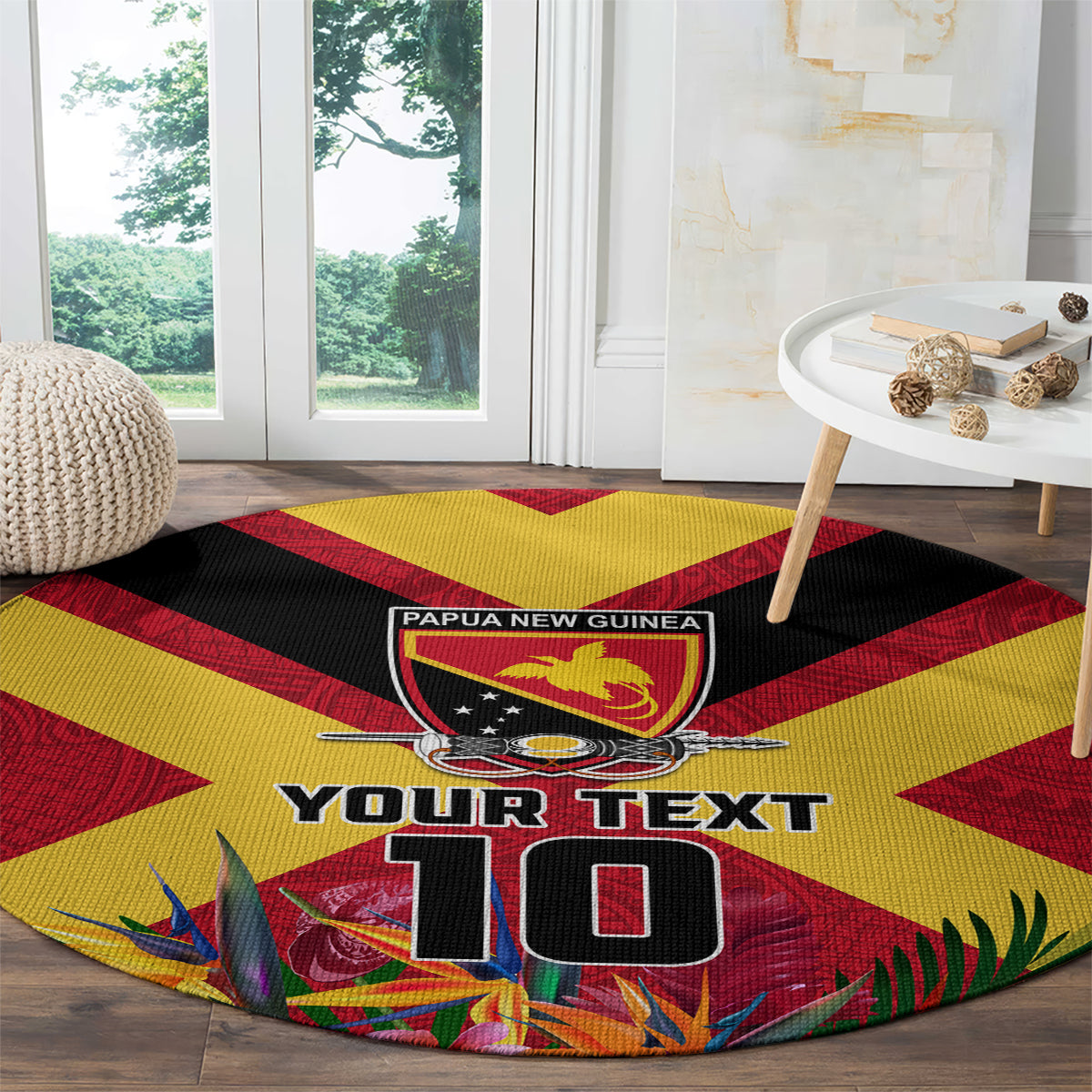 Custom Papua New Guinea Rugby Round Carpet Bird of Paradise and Hibiscus Polynesian Pattern Red Color LT03 - Polynesian Pride