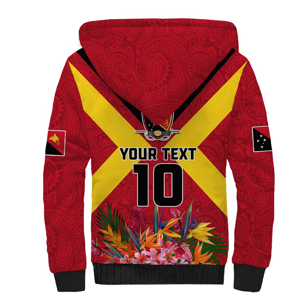 Custom Papua New Guinea Rugby Sherpa Hoodie Bird of Paradise and Hibiscus Polynesian Pattern Red Color LT03 - Polynesian Pride