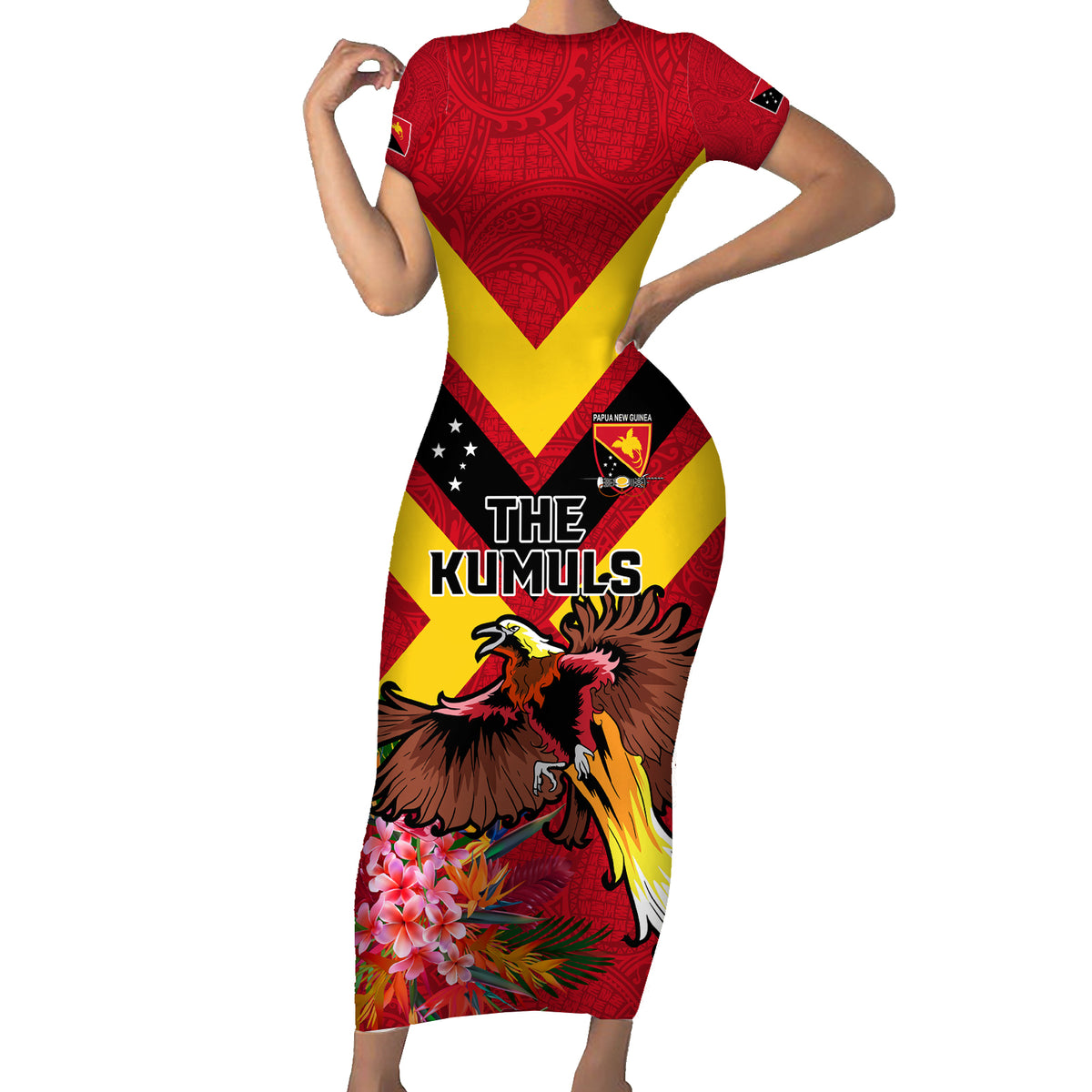 Custom Papua New Guinea Rugby Short Sleeve Bodycon Dress Bird of Paradise and Hibiscus Polynesian Pattern Red Color LT03 Long Dress Red - Polynesian Pride