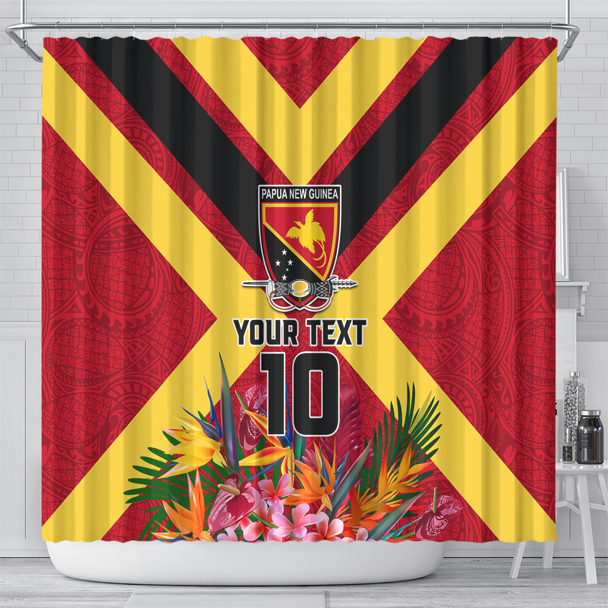 Custom Papua New Guinea Rugby Shower Curtain Bird of Paradise and Hibiscus Polynesian Pattern Red Color LT03 - Polynesian Pride