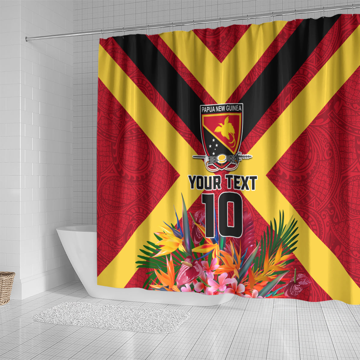 Custom Papua New Guinea Rugby Shower Curtain Bird of Paradise and Hibiscus Polynesian Pattern Red Color LT03 - Polynesian Pride