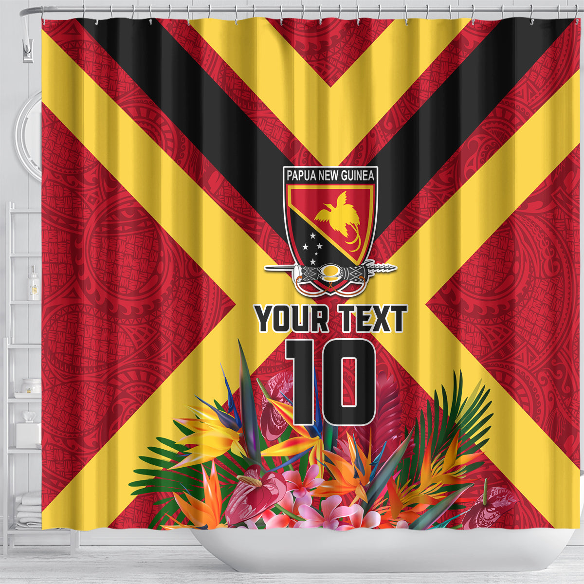 Custom Papua New Guinea Rugby Shower Curtain Bird of Paradise and Hibiscus Polynesian Pattern Red Color LT03 - Polynesian Pride