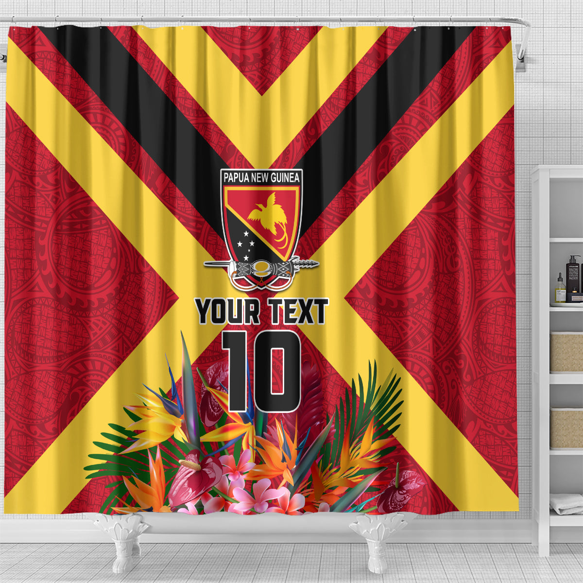 Custom Papua New Guinea Rugby Shower Curtain Bird of Paradise and Hibiscus Polynesian Pattern Red Color LT03 - Polynesian Pride
