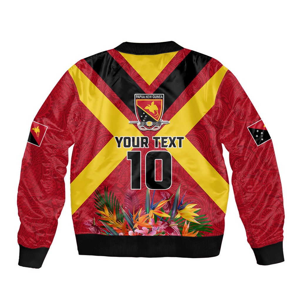 Custom Papua New Guinea Rugby Sleeve Zip Bomber Jacket Bird of Paradise and Hibiscus Polynesian Pattern Red Color LT03