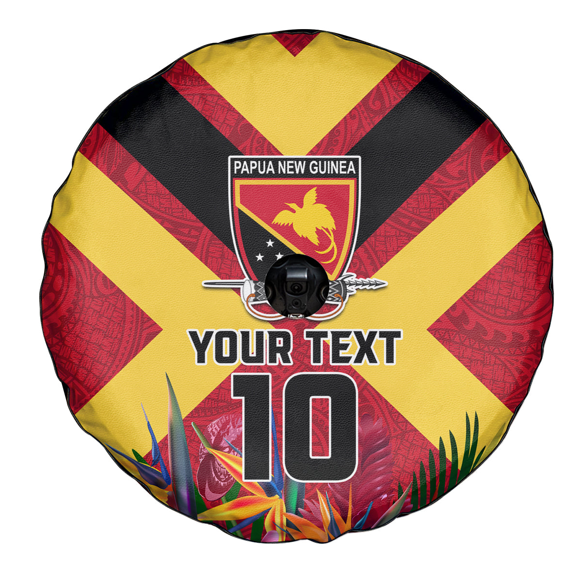 Custom Papua New Guinea Rugby Spare Tire Cover Bird of Paradise and Hibiscus Polynesian Pattern Red Color LT03 - Polynesian Pride