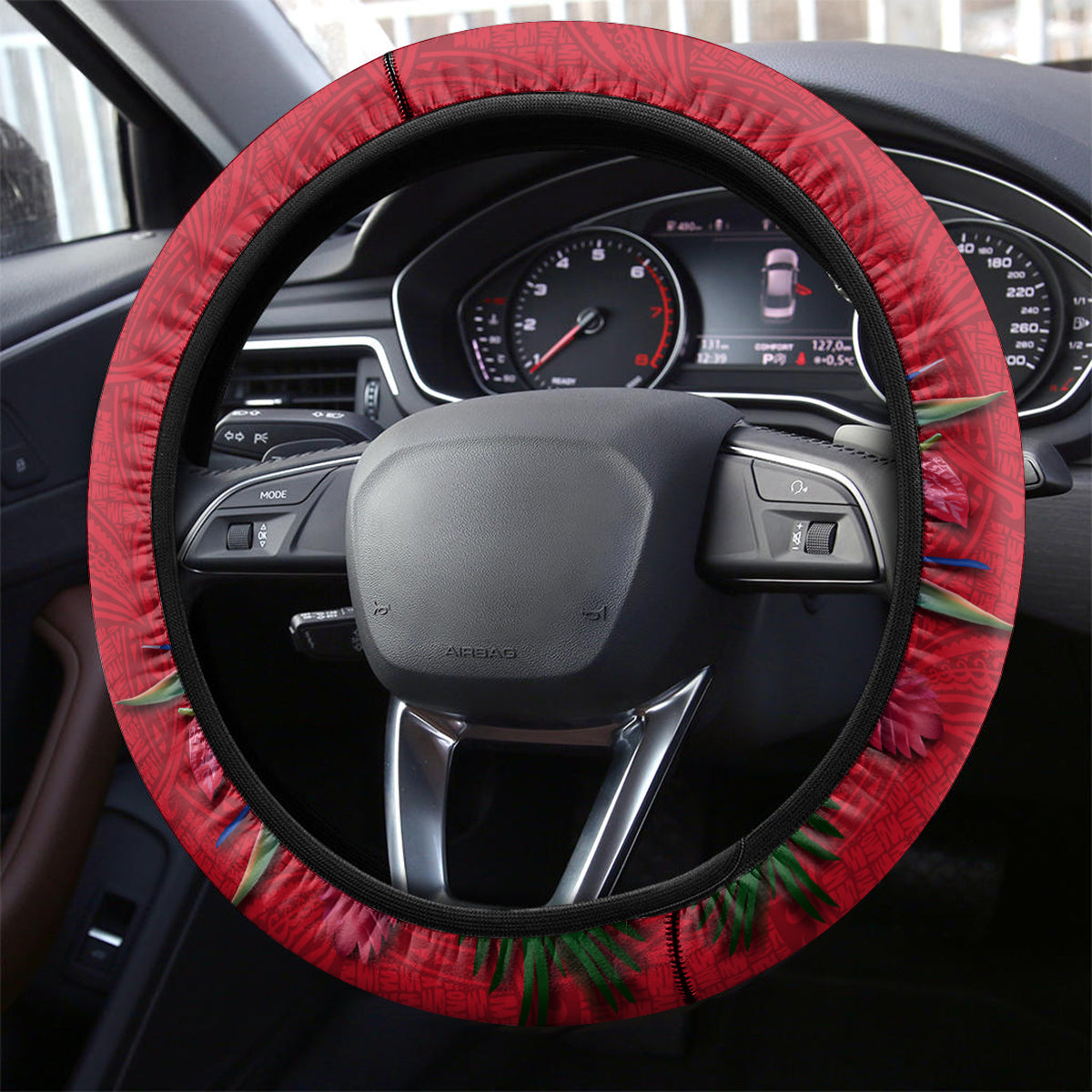 Papua New Guinea Rugby Steering Wheel Cover Bird of Paradise and Hibiscus Polynesian Pattern Red Color LT03 - Polynesian Pride
