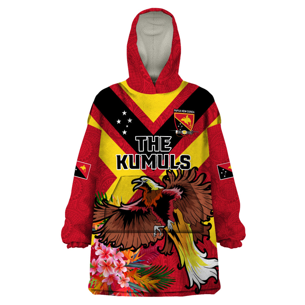 Custom Papua New Guinea Rugby Wearable Blanket Hoodie Bird of Paradise and Hibiscus Polynesian Pattern Red Color LT03 One Size Red - Polynesian Pride
