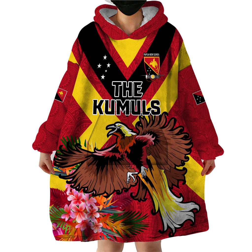 Custom Papua New Guinea Rugby Wearable Blanket Hoodie Bird of Paradise and Hibiscus Polynesian Pattern Red Color LT03 - Polynesian Pride
