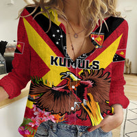 Custom Papua New Guinea Rugby Women Casual Shirt Bird of Paradise and Hibiscus Polynesian Pattern Red Color LT03 Female Red - Polynesian Pride