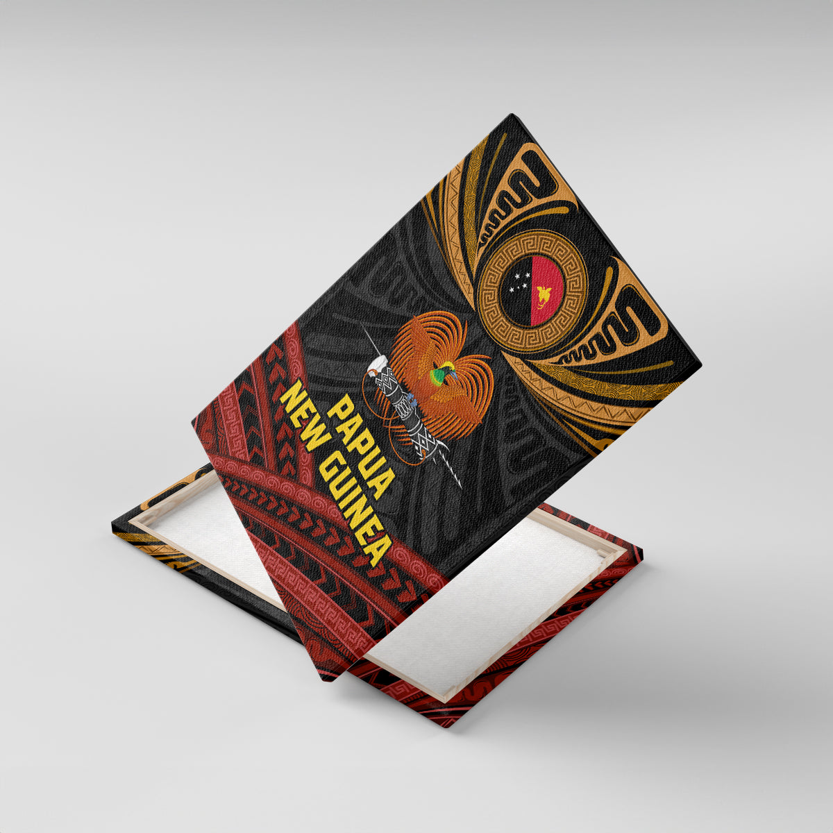 Papua New Guinea Bird-of-Paradise Canvas Wall Art Coat of Arms and Tribal Patterns LT03 With Frame Black - Polynesian Pride