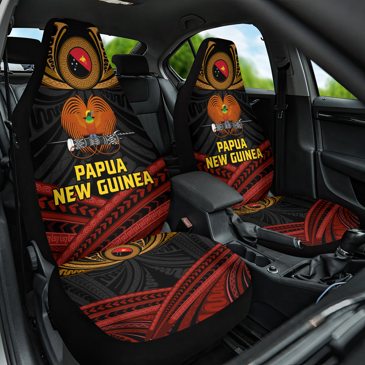 Papua New Guinea Bird-of-Paradise Car Seat Cover Coat of Arms and Tribal Patterns LT03 One Size Black - Polynesian Pride