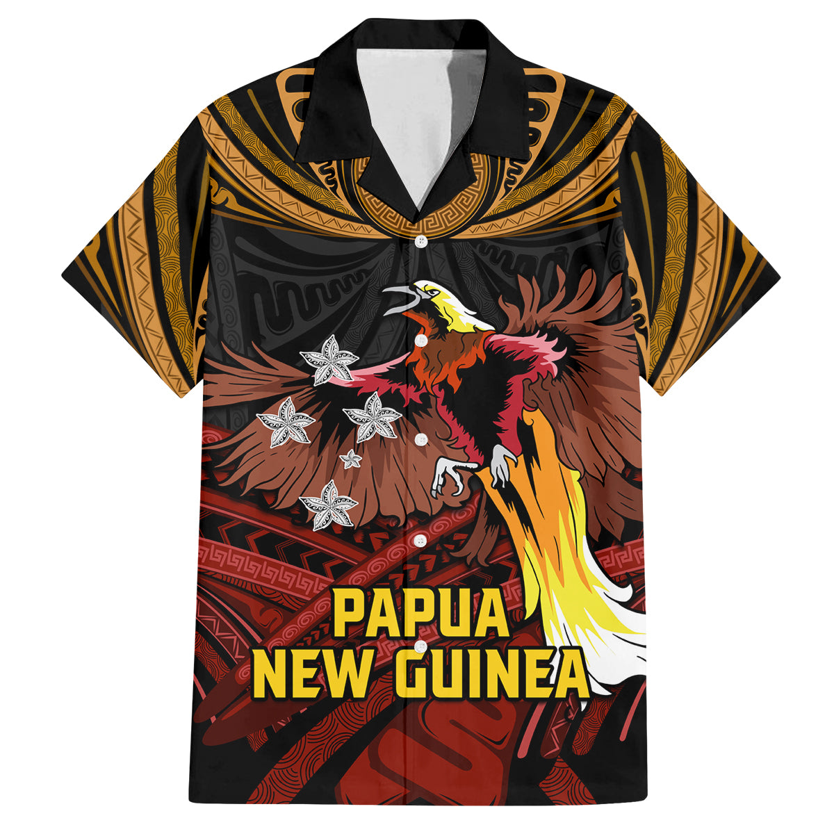 Papua New Guinea Bird-of-Paradise Family Matching Off Shoulder Short Dress and Hawaiian Shirt Coat of Arms and Tribal Patterns LT03 Dad's Shirt - Short Sleeve Black - Polynesian Pride
