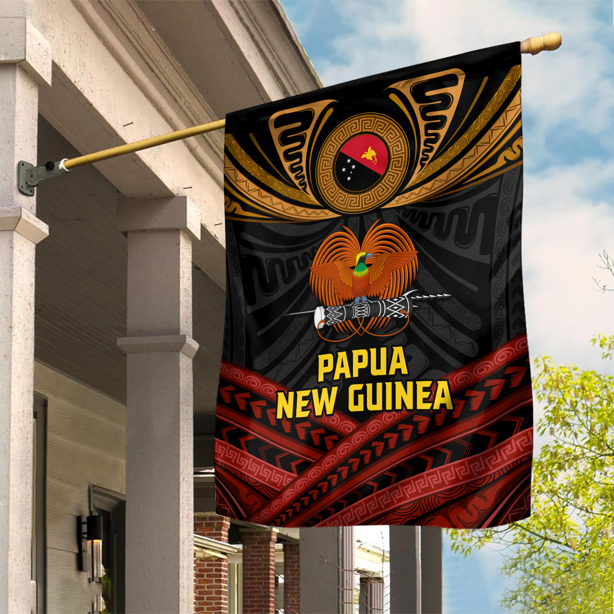 Papua New Guinea Bird-of-Paradise Garden Flag Coat of Arms and Tribal Patterns LT03 House Flag Black - Polynesian Pride