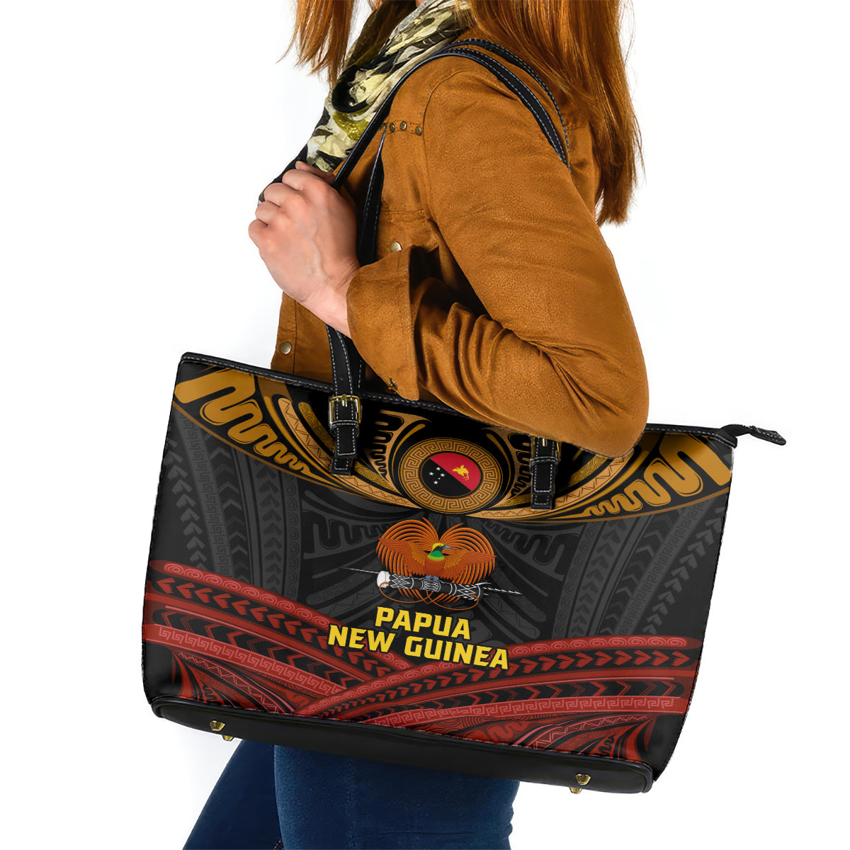 Papua New Guinea Bird-of-Paradise Leather Tote Bag Coat of Arms and Tribal Patterns LT03 Black - Polynesian Pride