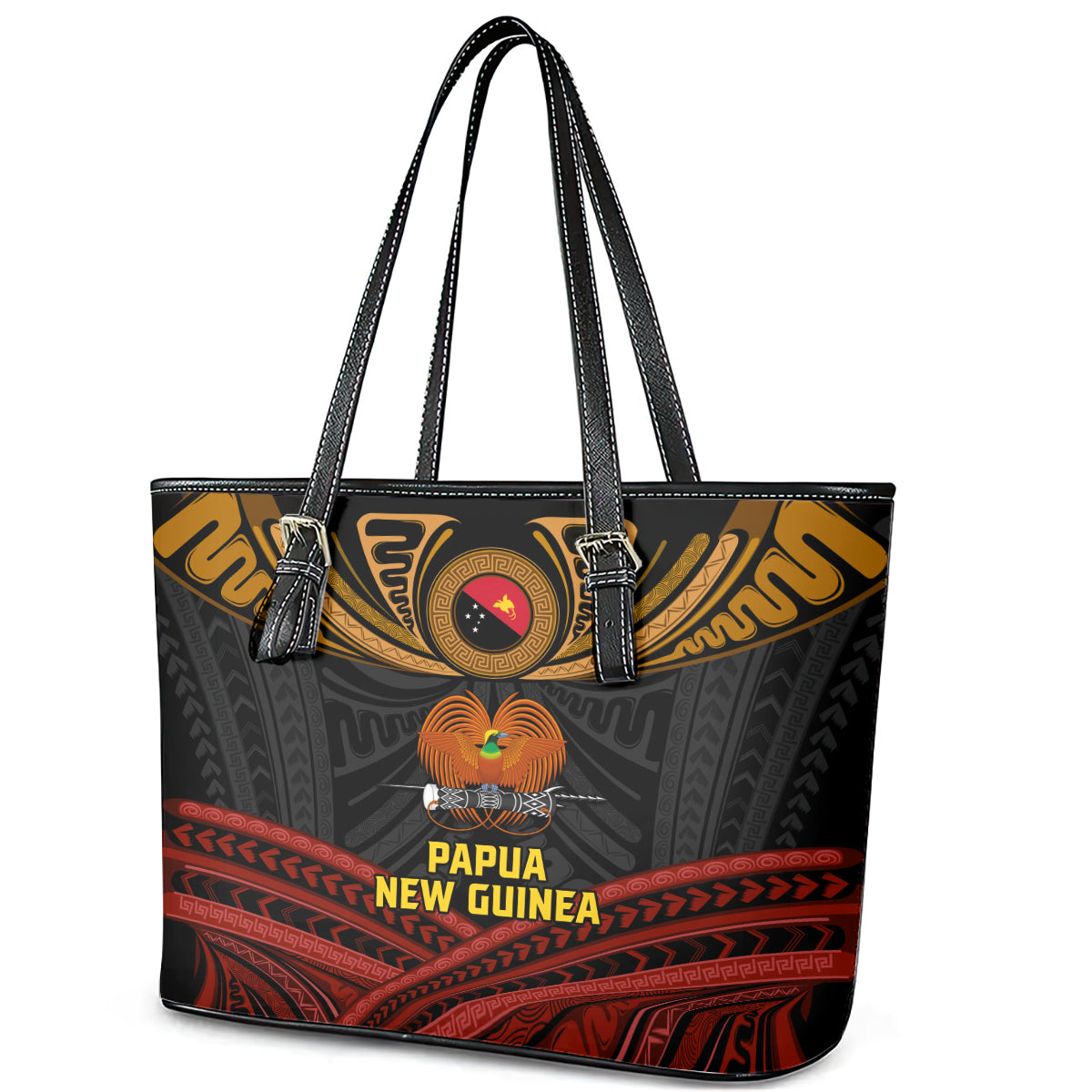 Papua New Guinea Bird-of-Paradise Leather Tote Bag Coat of Arms and Tribal Patterns LT03 - Polynesian Pride