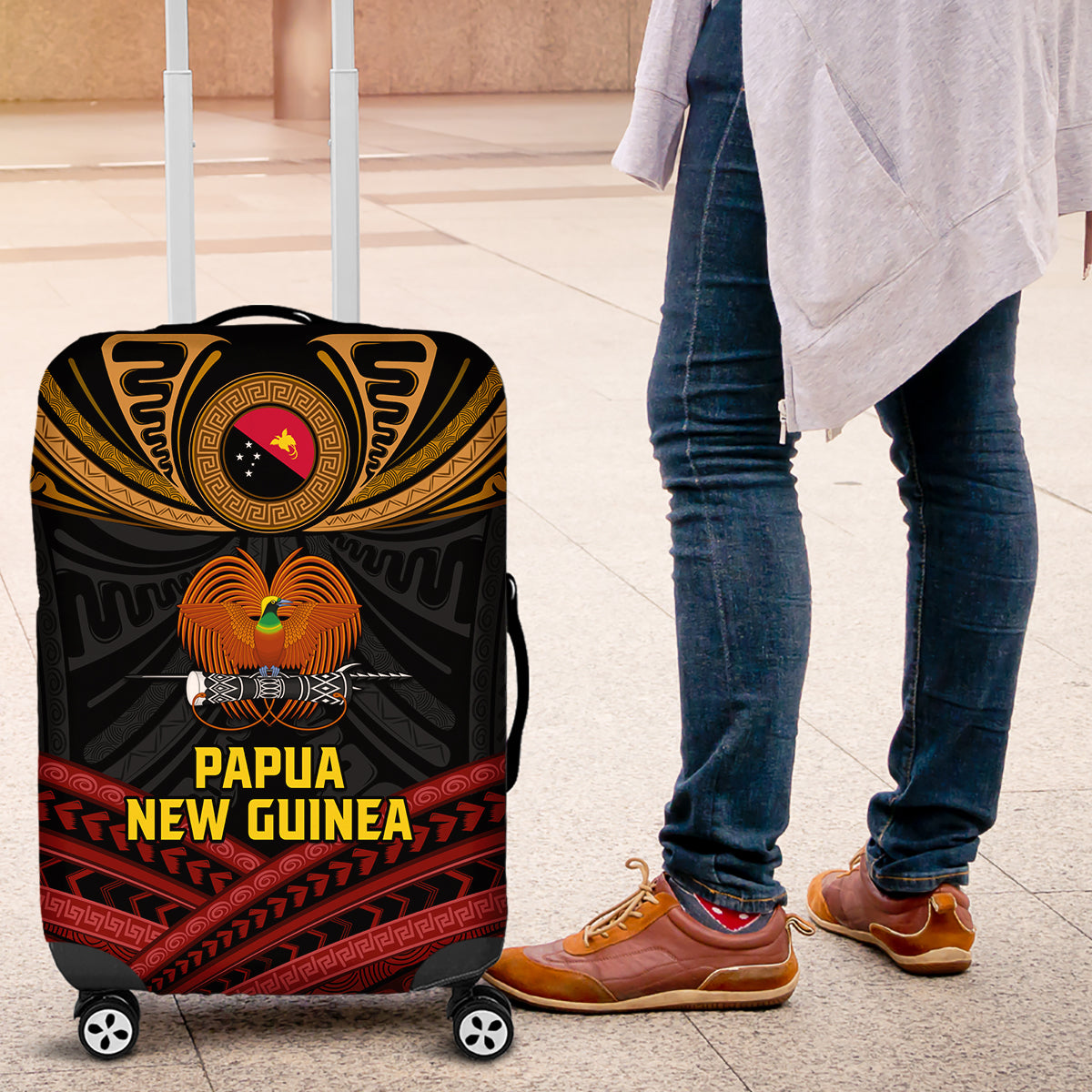 Papua New Guinea Bird-of-Paradise Luggage Cover Coat of Arms and Tribal Patterns LT03 Black - Polynesian Pride
