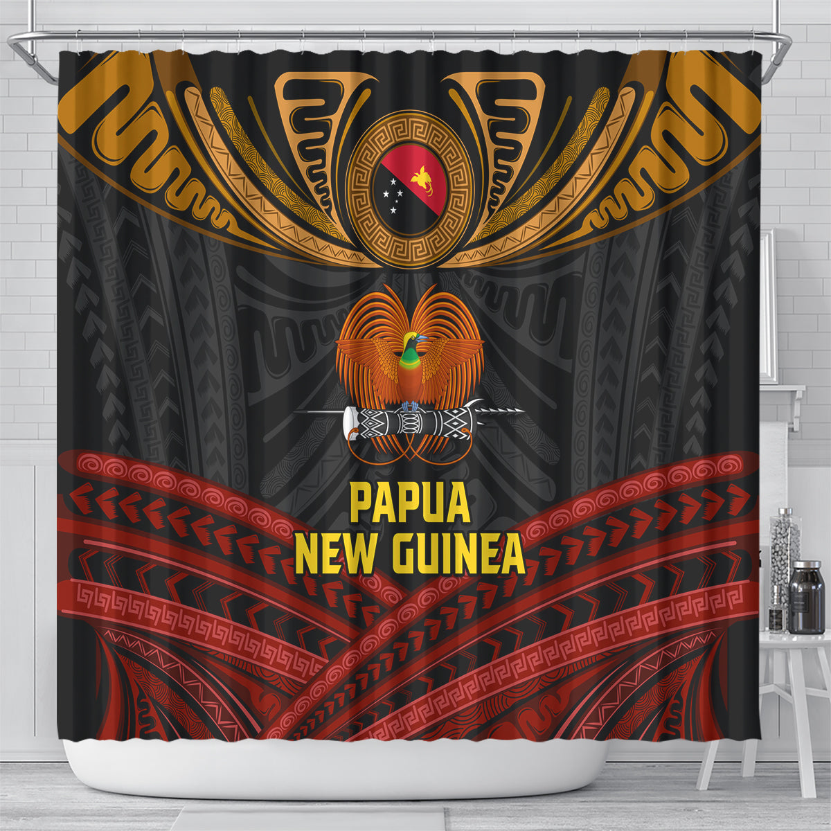 Papua New Guinea Bird-of-Paradise Shower Curtain Coat of Arms and Tribal Patterns LT03 - Polynesian Pride