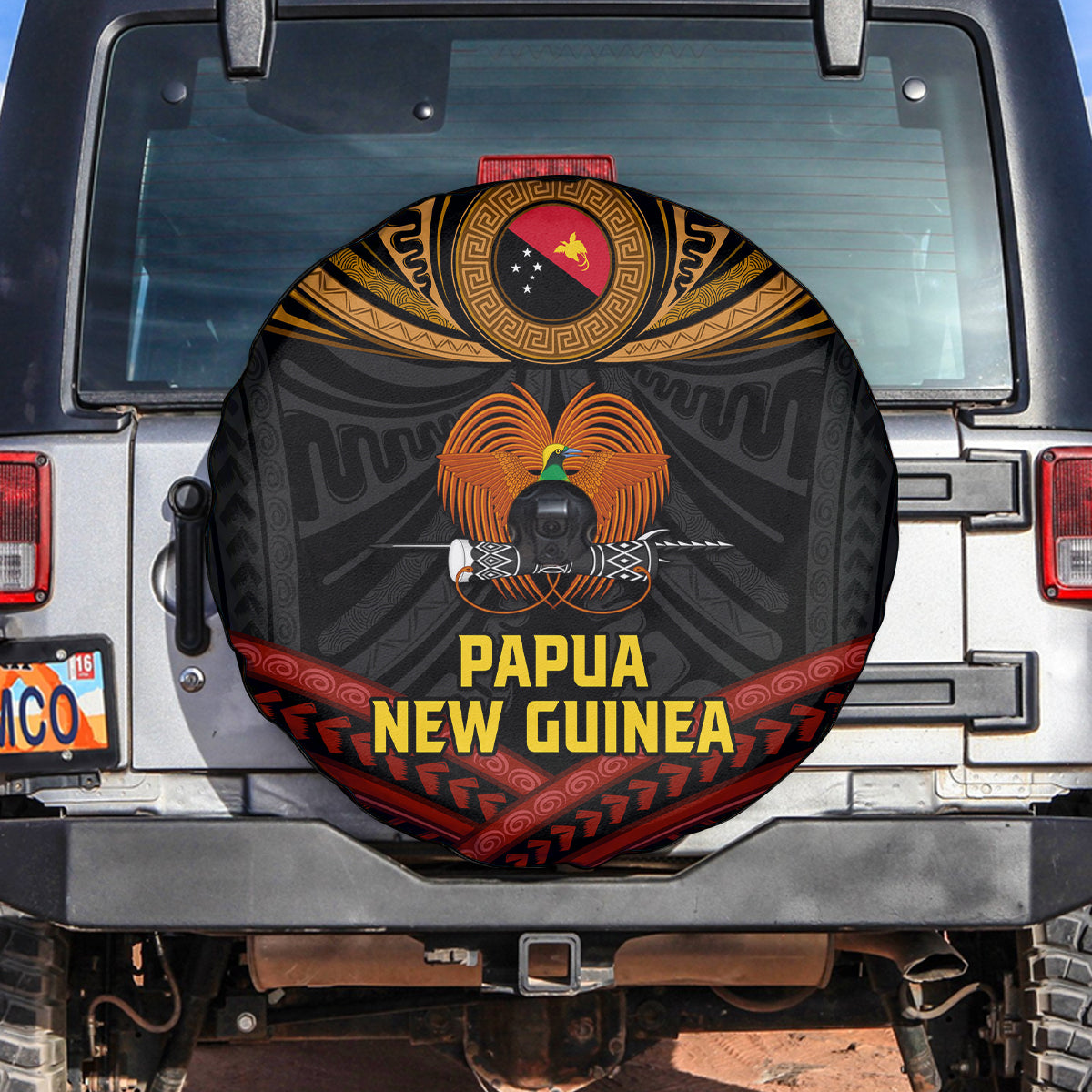 Papua New Guinea Bird-of-Paradise Spare Tire Cover Coat of Arms and Tribal Patterns LT03 Black - Polynesian Pride