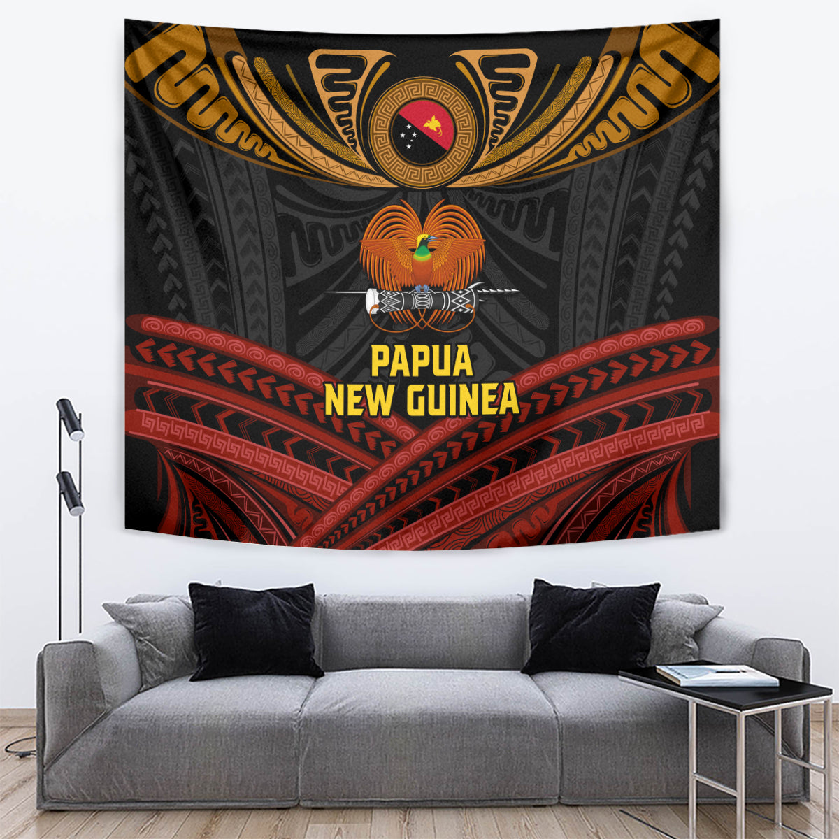 Papua New Guinea Bird-of-Paradise Tapestry Coat of Arms and Tribal Patterns LT03 Black - Polynesian Pride