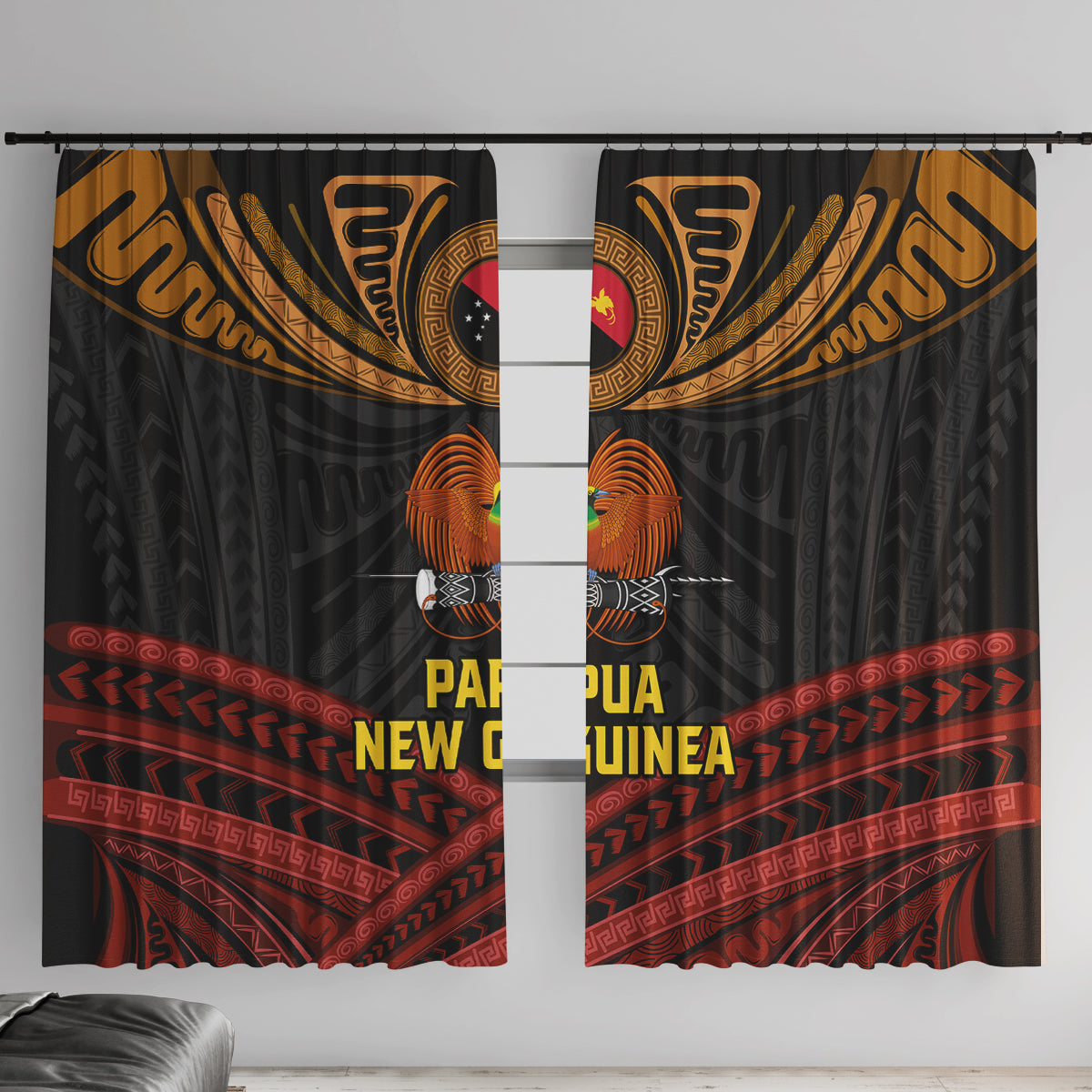 Papua New Guinea Bird-of-Paradise Window Curtain Coat of Arms and Tribal Patterns LT03 With Hooks Black - Polynesian Pride