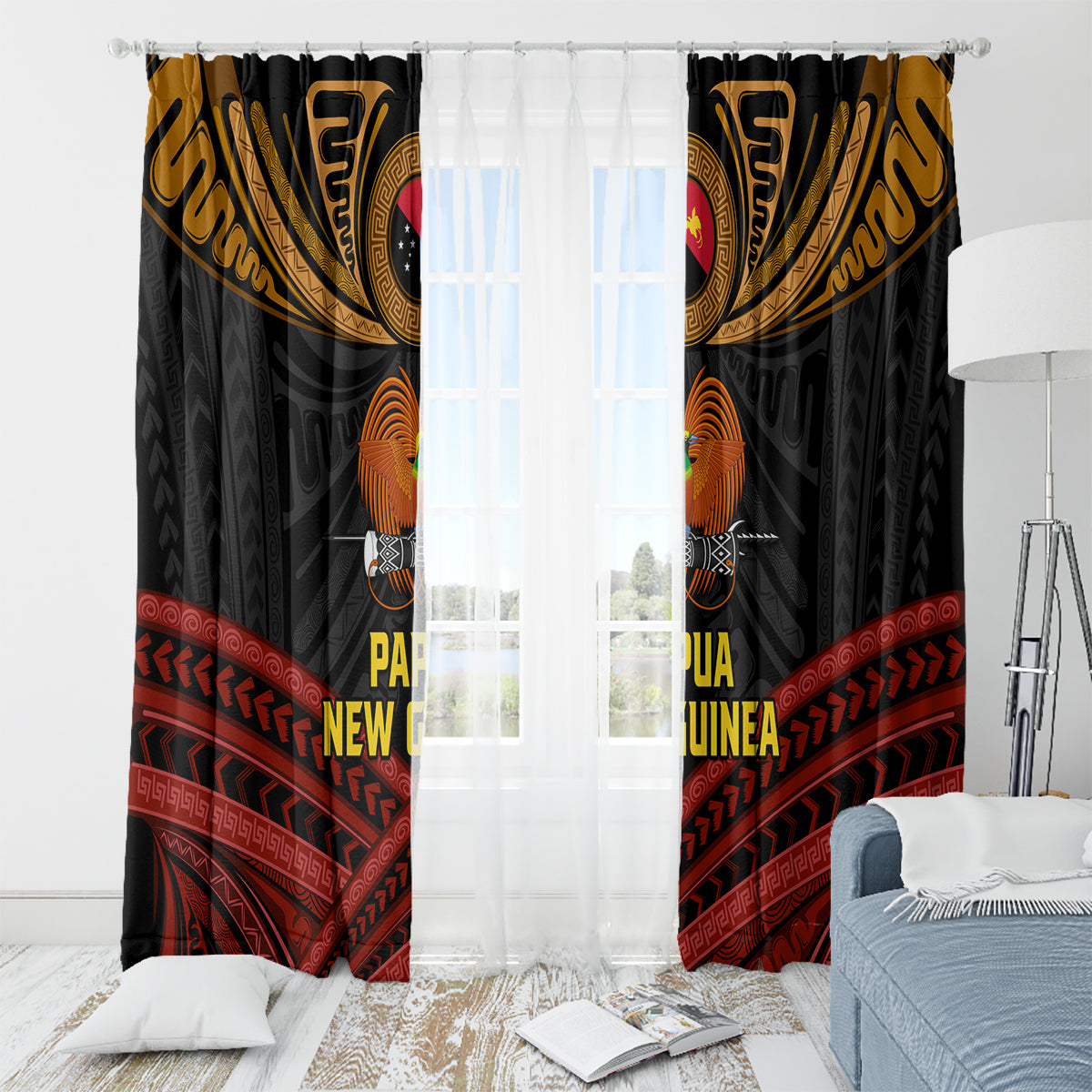 Papua New Guinea Bird-of-Paradise Window Curtain Coat of Arms and Tribal Patterns LT03 - Polynesian Pride