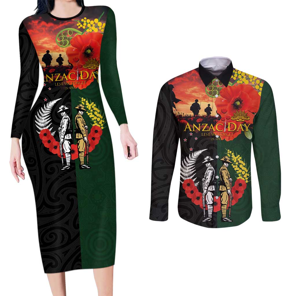 New Zealand and Australia ANZAC Day Couples Matching Long Sleeve Bodycon Dress and Long Sleeve Button Shirt Lest We Forget Indigenous and Maori Pattern
