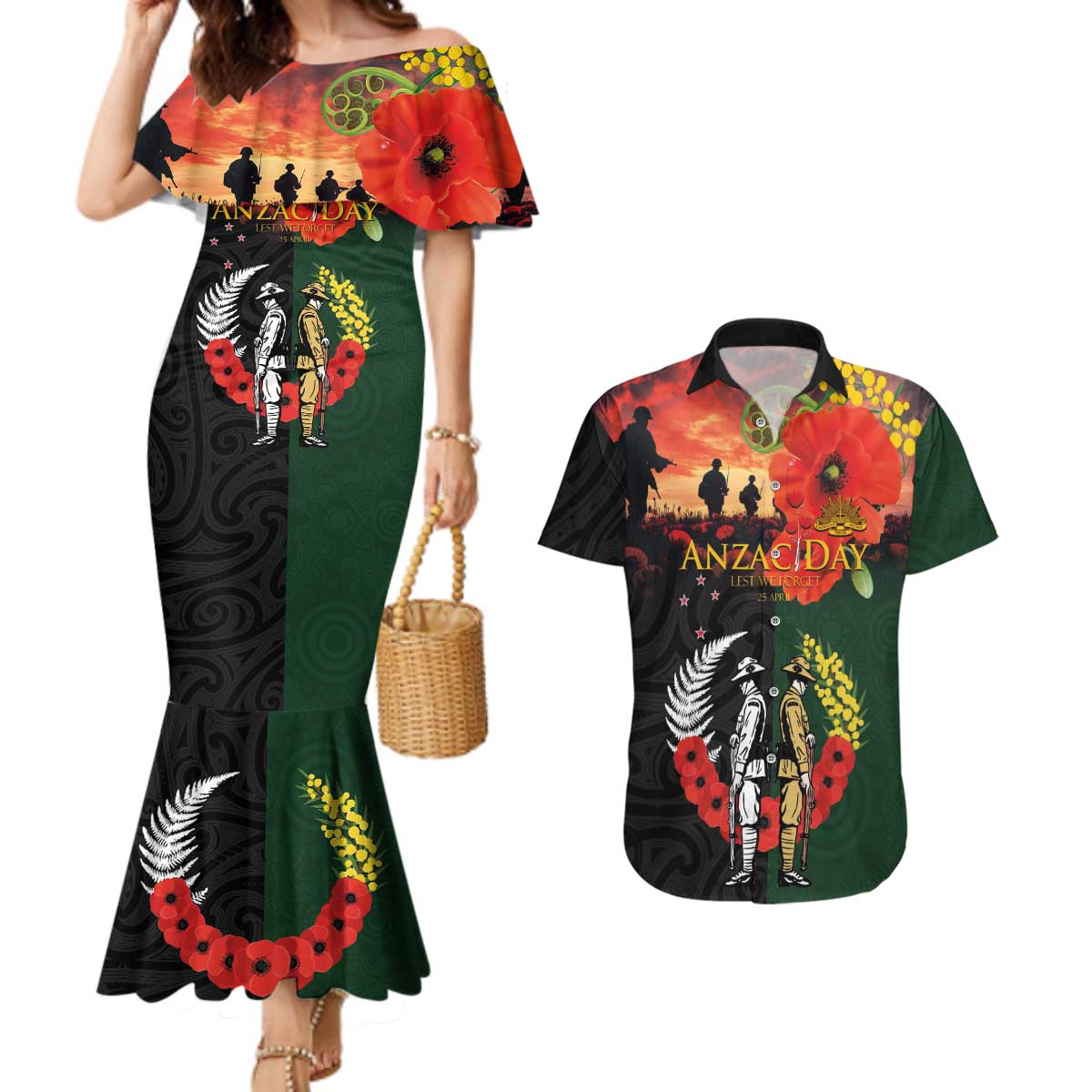 New Zealand and Australia ANZAC Day Couples Matching Mermaid Dress and Hawaiian Shirt Lest We Forget Indigenous and Maori Pattern LT03 Multicolor - Polynesian Pride