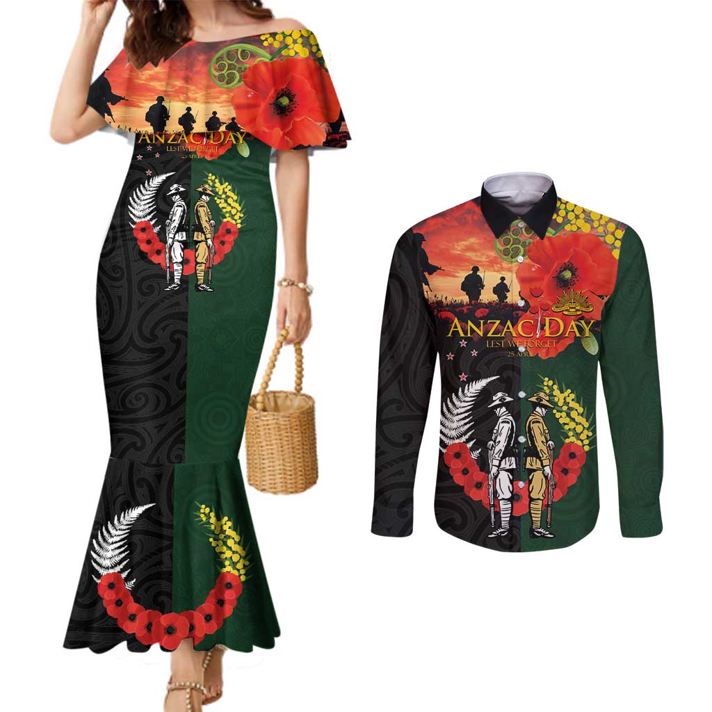 New Zealand and Australia ANZAC Day Couples Matching Mermaid Dress and Long Sleeve Button Shirt Lest We Forget Indigenous and Maori Pattern LT03 Multicolor - Polynesian Pride